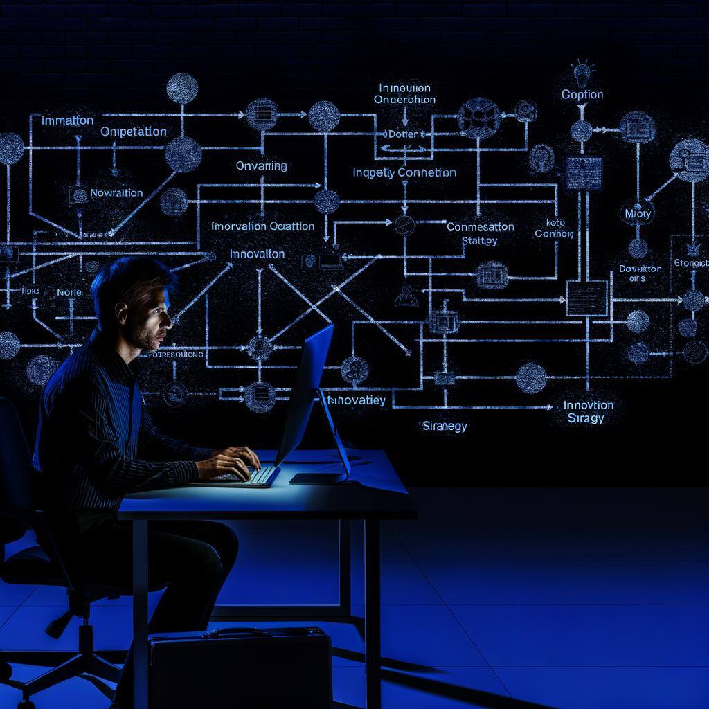 create a dark theme image with blue undertones that shows a person at a computer and a reference to an innovation strategy roadmap