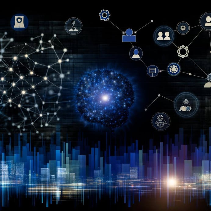 create a dark themed image with blue undertones that shows generative AI for enterprise
