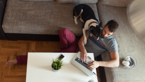 A man is working from home productively and securely.