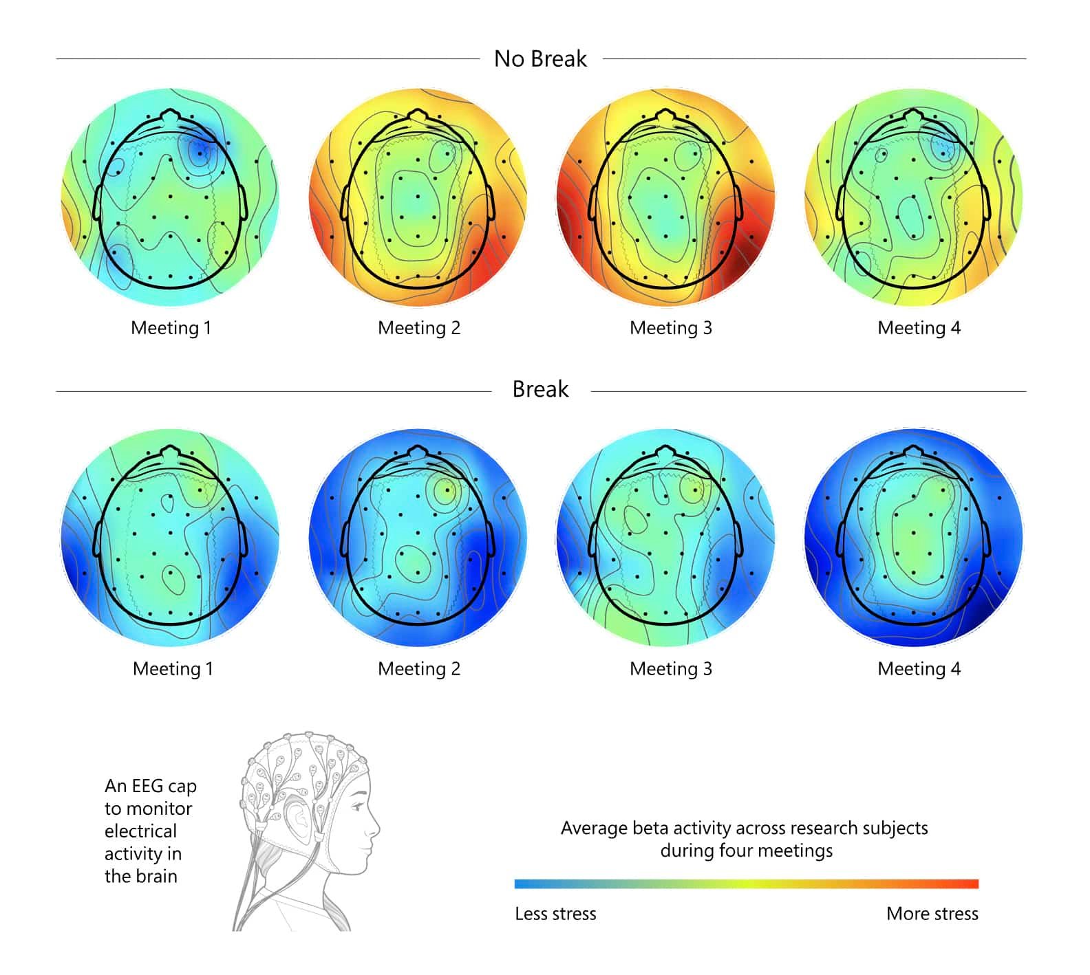 Graphic shows increased activity associated with stress in meeting participants who didn't take breaks.