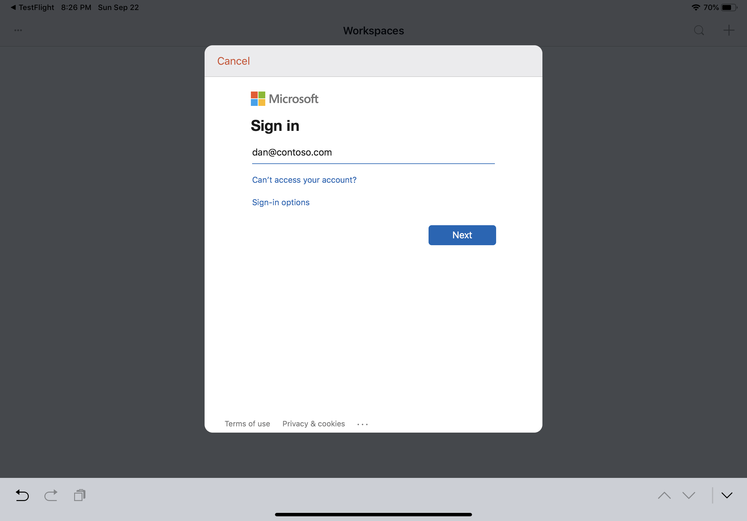 Screenshot of iPadOS signing into Microsoft 365.