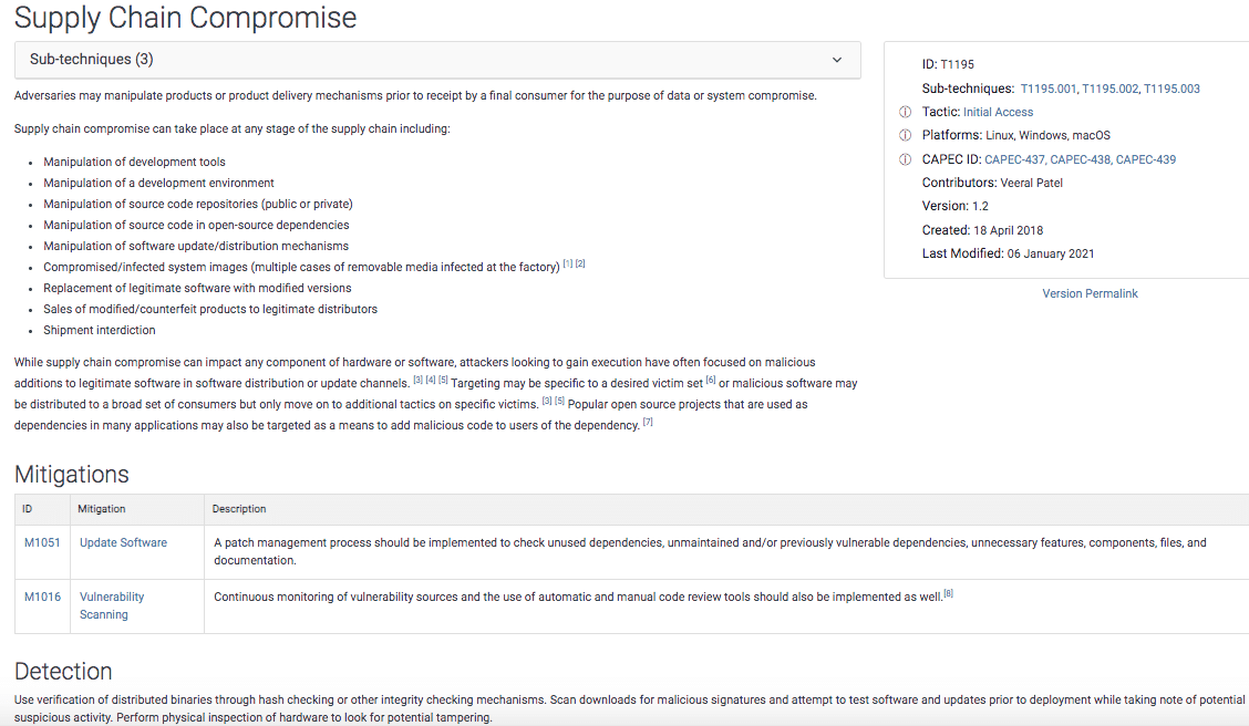 Screenshot shows an example of an attack technique, supply chain compromise, with sub-techniques, mitigations, detection, and ID information.