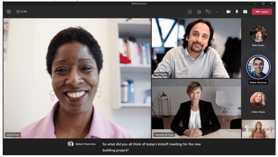 Image shows one of the new capabilities in Microsoft Teams: live captioning with attribution for VDI users.