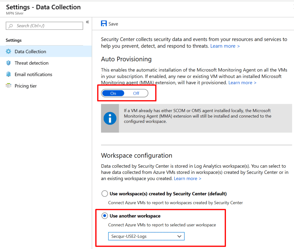 Screenshot of Azure Security Center Auto Provisioning Screen