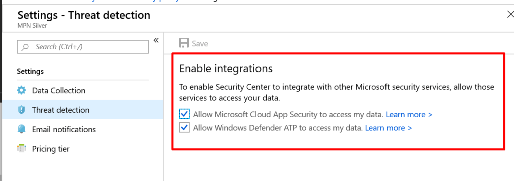 Screenshot of Security Center Integration Blade.