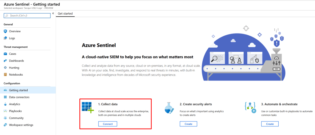 Screenshot of collecting data with Azure Sentinel