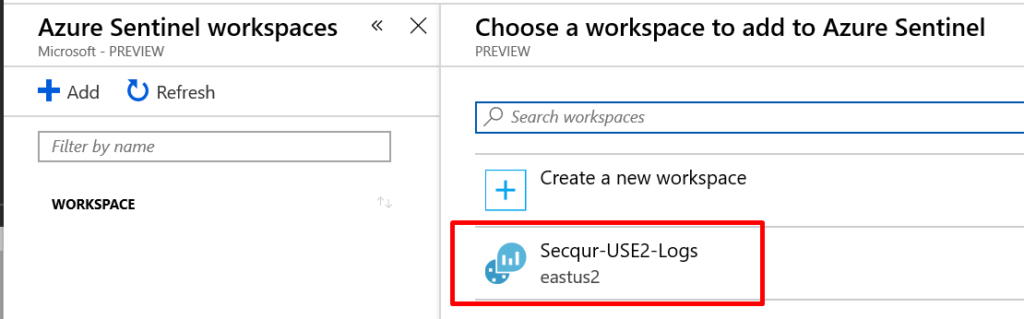 Screenshot to integrate Log Analytics with Azure Sentinel