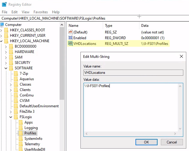 Screenshot of the registry editor to direct the FSLogix profiling services on WVD in Azure.