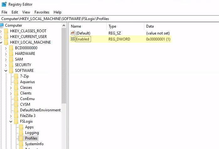 Screenshot of the registry editor to enable FSLogix profiling services on WVD in Azure.