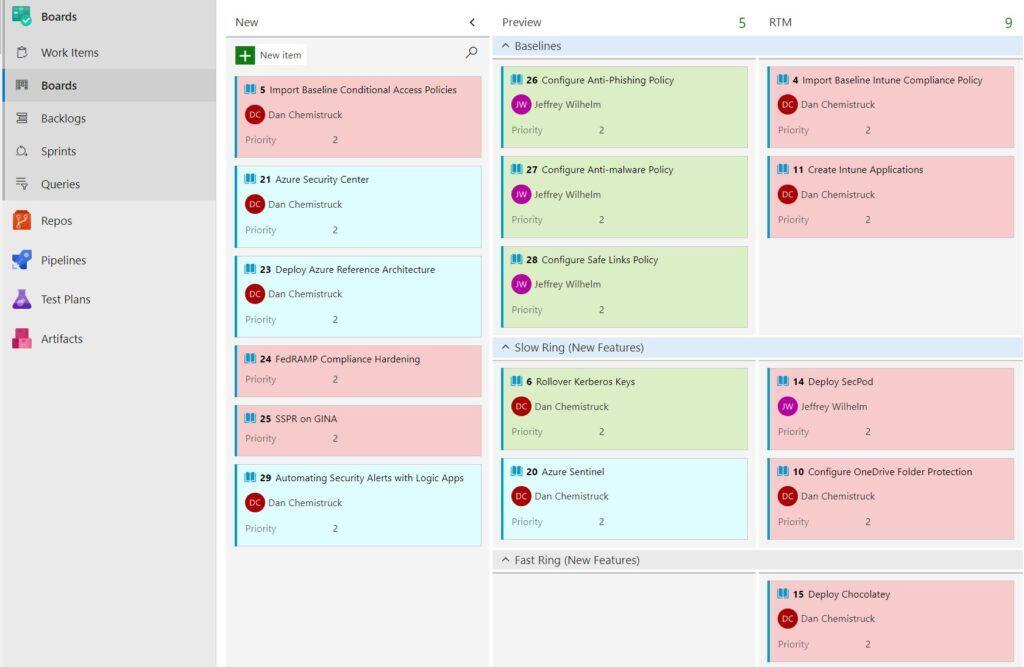 Screenshot of Azure Boards kanaban board.