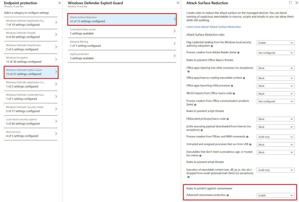 Screenshot of the Intune portal for configuring advanced ransomware protection with Microsoft 365 and attack surface reduction rules in Exploit guard.