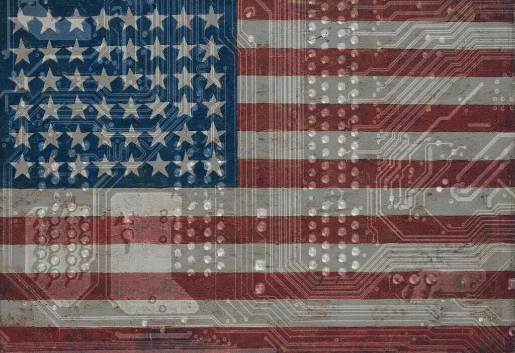 Image of U.S. flag over motherboard suggests democracy with responsible AI.
