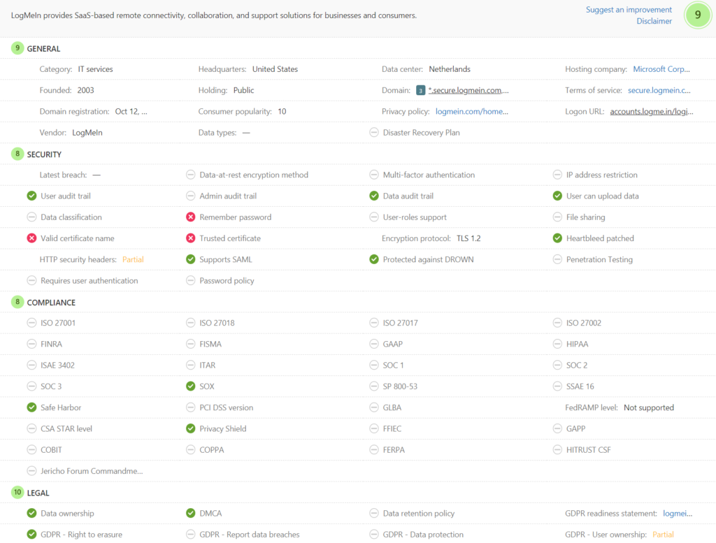 Screenshot shows MCAS scores for LogMeIn.