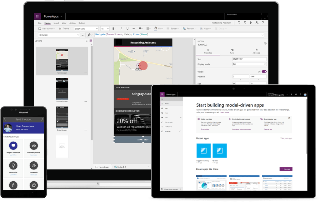 Photo of Power Apps running on three different devices.