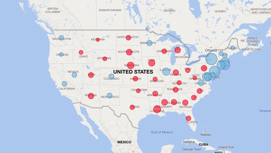 U.S. map shows a use of Power BI to analyze COVID-19 data.
