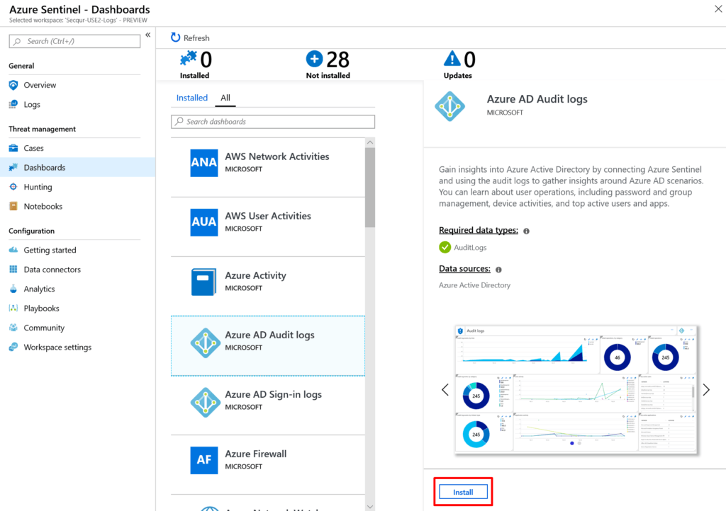 Screenshot of deploying Azure Sentinel dashboards.