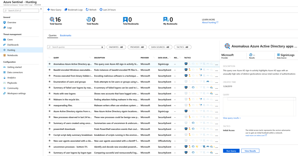 Screenshot of Azure Sentinel Hunting blade.