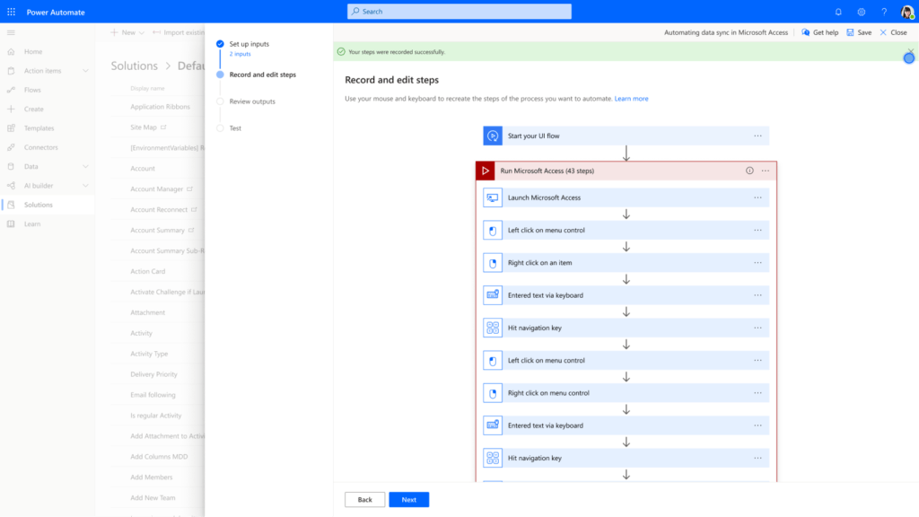 Screenshot shows the creation of a flow to automate a task.