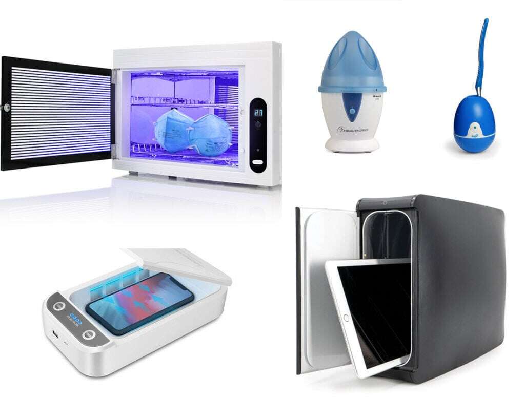 Image shows various models of UV sanitizers.
