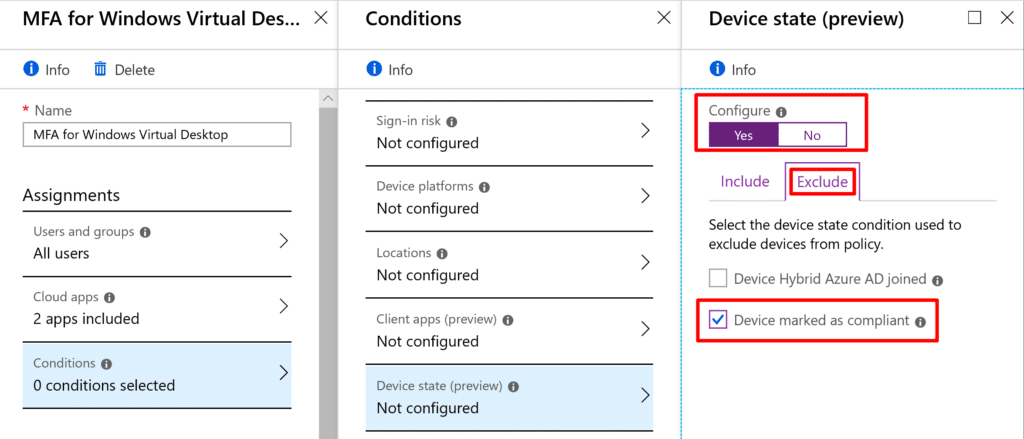 Windows Virtual Desktop with MFA Device State Configuration Screen