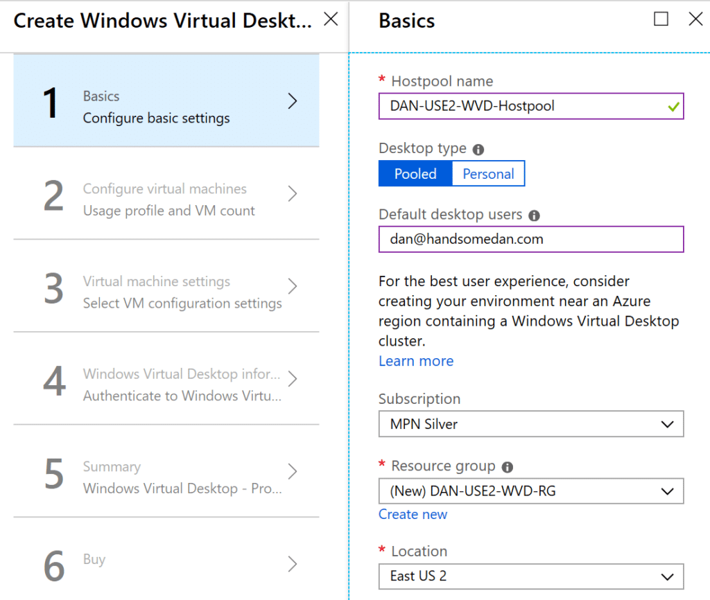 Deploy Windows Virtual Desktop Pool Provisioning Screen