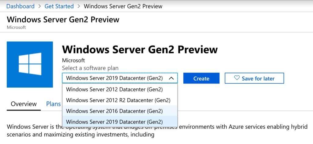 Screenshot of deploying the Windows Server Gen2 VM image in the Azure Marketplace.