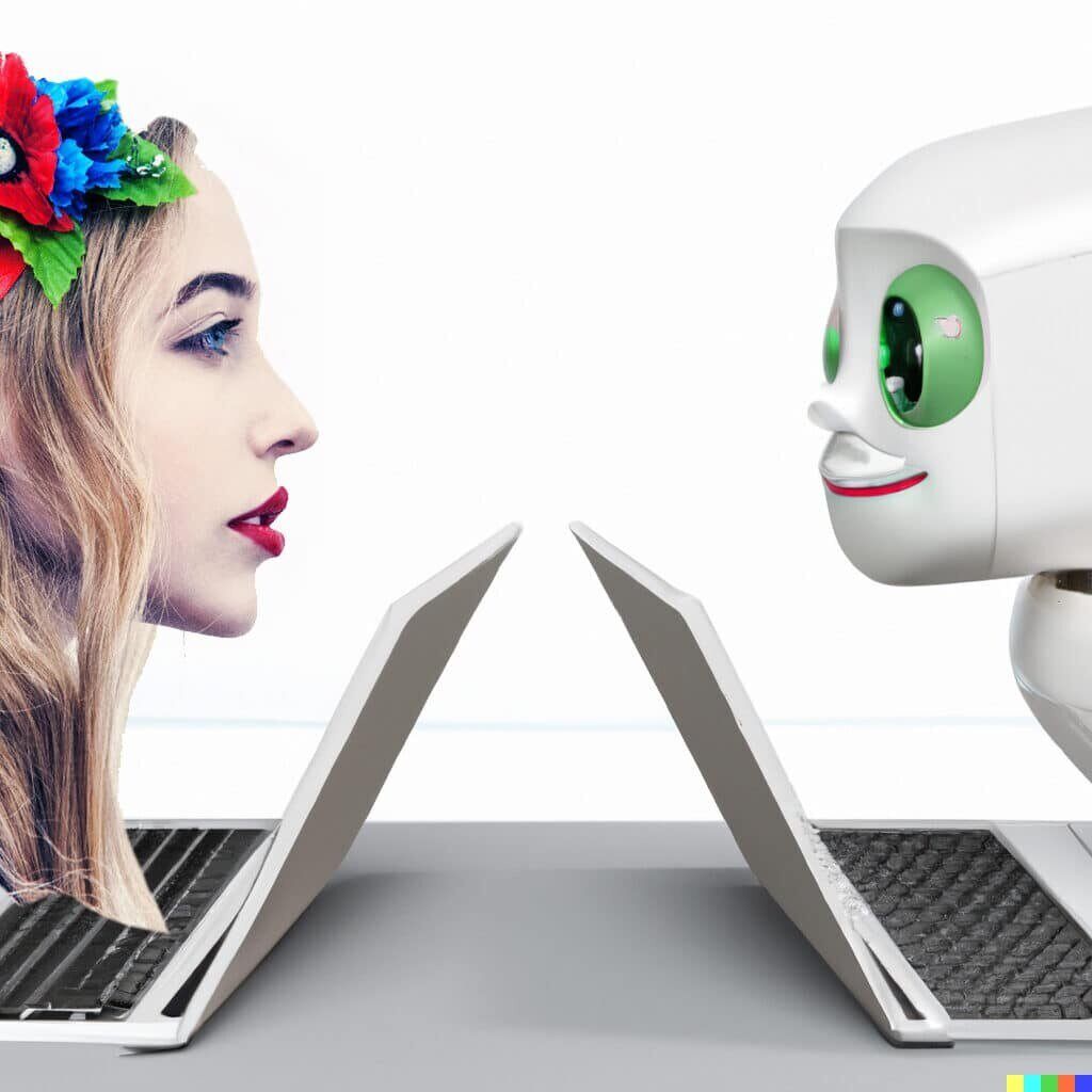 Image of a woman and a robot version of ChatGPT at laptops facing each other. It was generated by Dall-E 2 and edited by me because it refused to put a human in the picture!